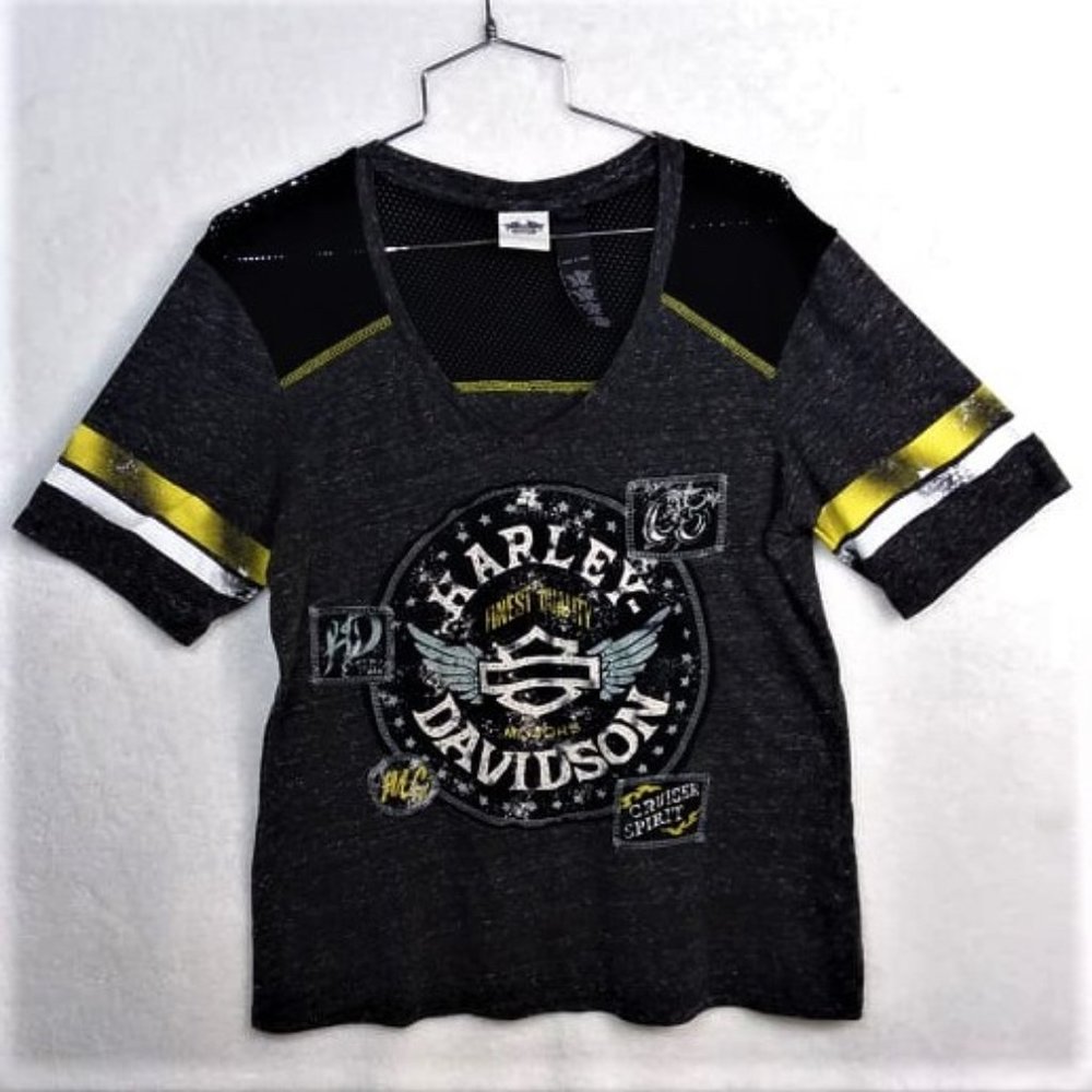 HARLEY DAVIDSON Black Yellow V-Neck Rhinestone Top